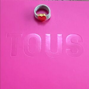 Tous Silver Mesh Ring with Red Heart and Gold Accent